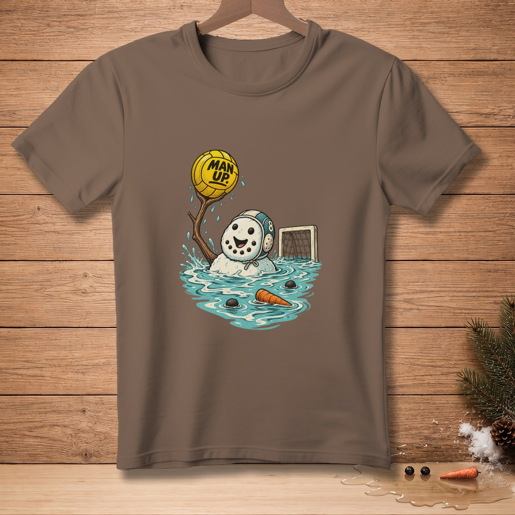 Cartoon snowman wearing a goalie mask plays water polo with a yellow ball reading "MAN UP."