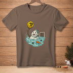 Cartoon snowman wearing a goalie mask plays water polo with a yellow ball reading "MAN UP."