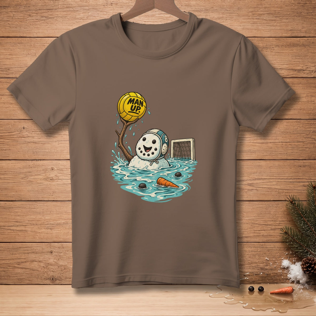 Cartoon snowman wearing a goalie mask plays water polo with a yellow ball reading "MAN UP."