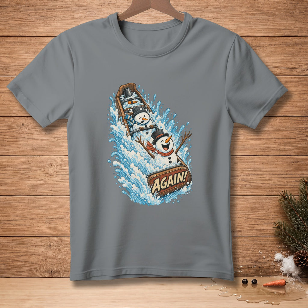 T-shirt graphic of snowmen in a wooden boat going through water splashes with "AGAIN!" text.