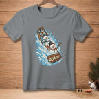 T-shirt graphic of snowmen in a wooden boat going through water splashes with "AGAIN!" text.
