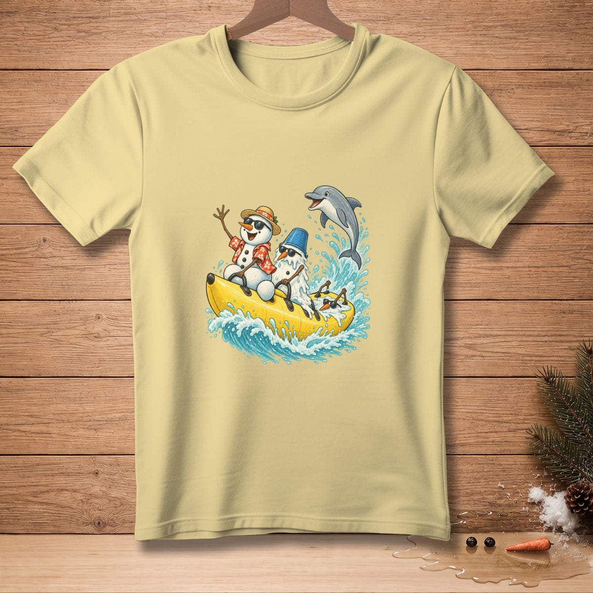 Three snowmen on a banana boat with a dolphin jumping nearby.