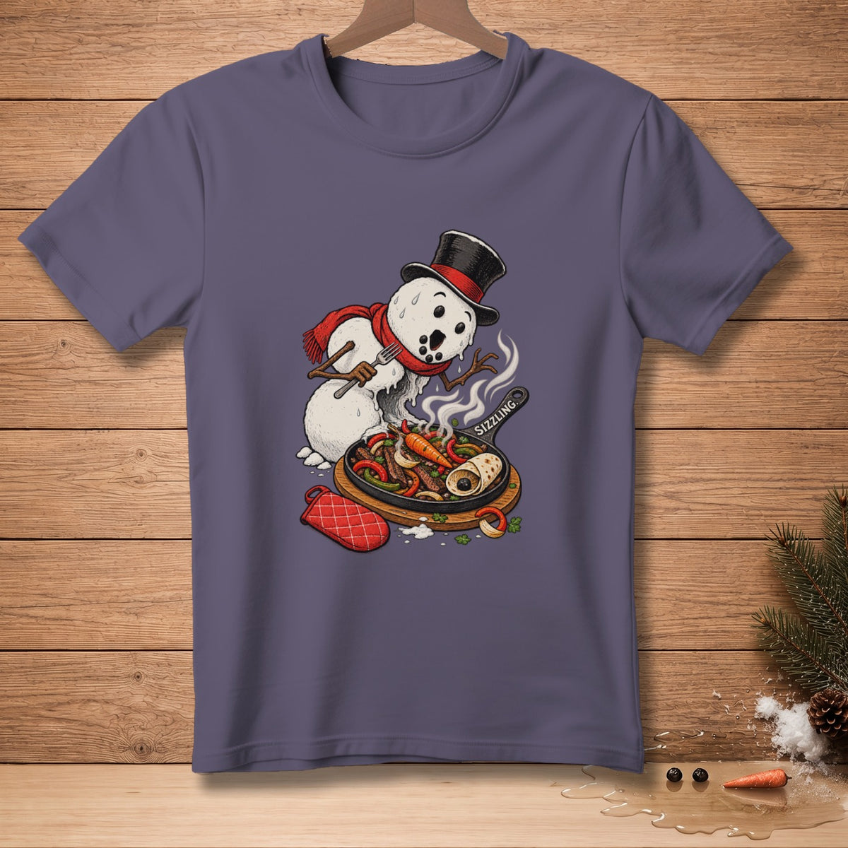 Snowman in top hat and scarf cooks fajitas on a sizzling skillet.