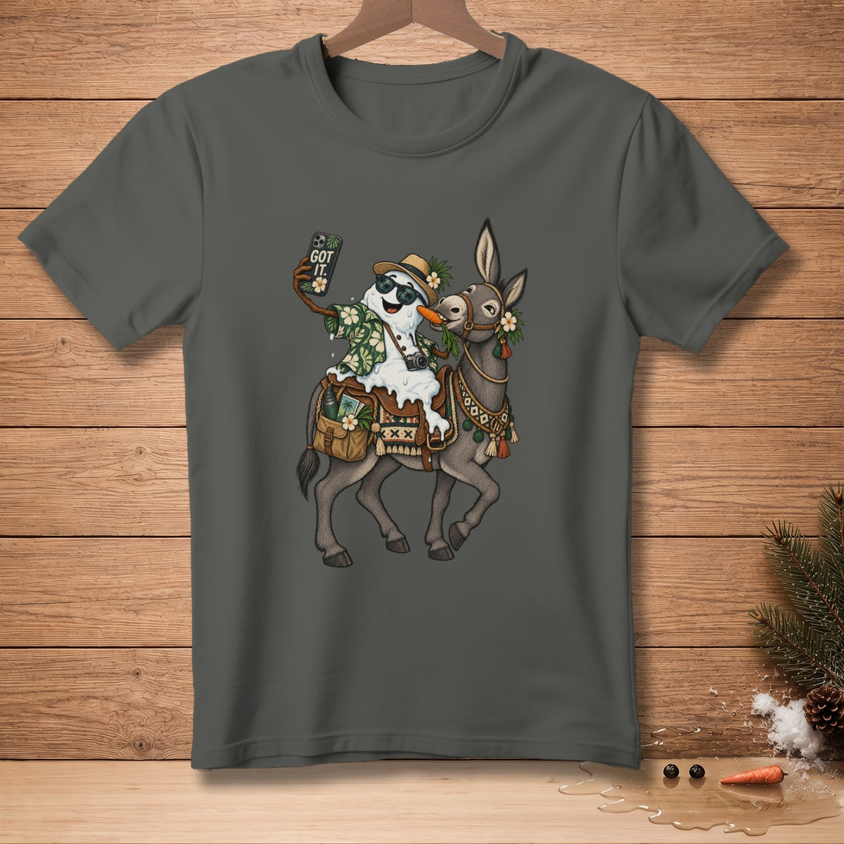 Snowman with sunglasses rides a donkey, taking a selfie with text "GOT IT."