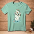 Melting snowman in straw hat holding checklist, on teal t-shirt.