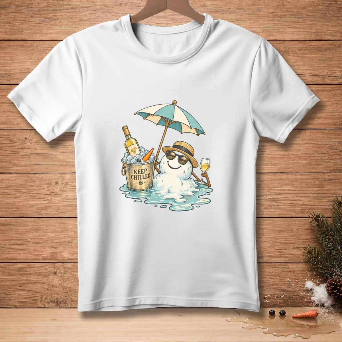 White t-shirt featuring a melting snowman with sunglasses and umbrella, holding wine.