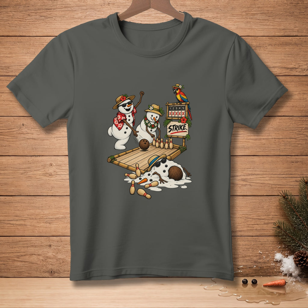 Snowmen bowling with a parrot and a "STRIKE!" sign.