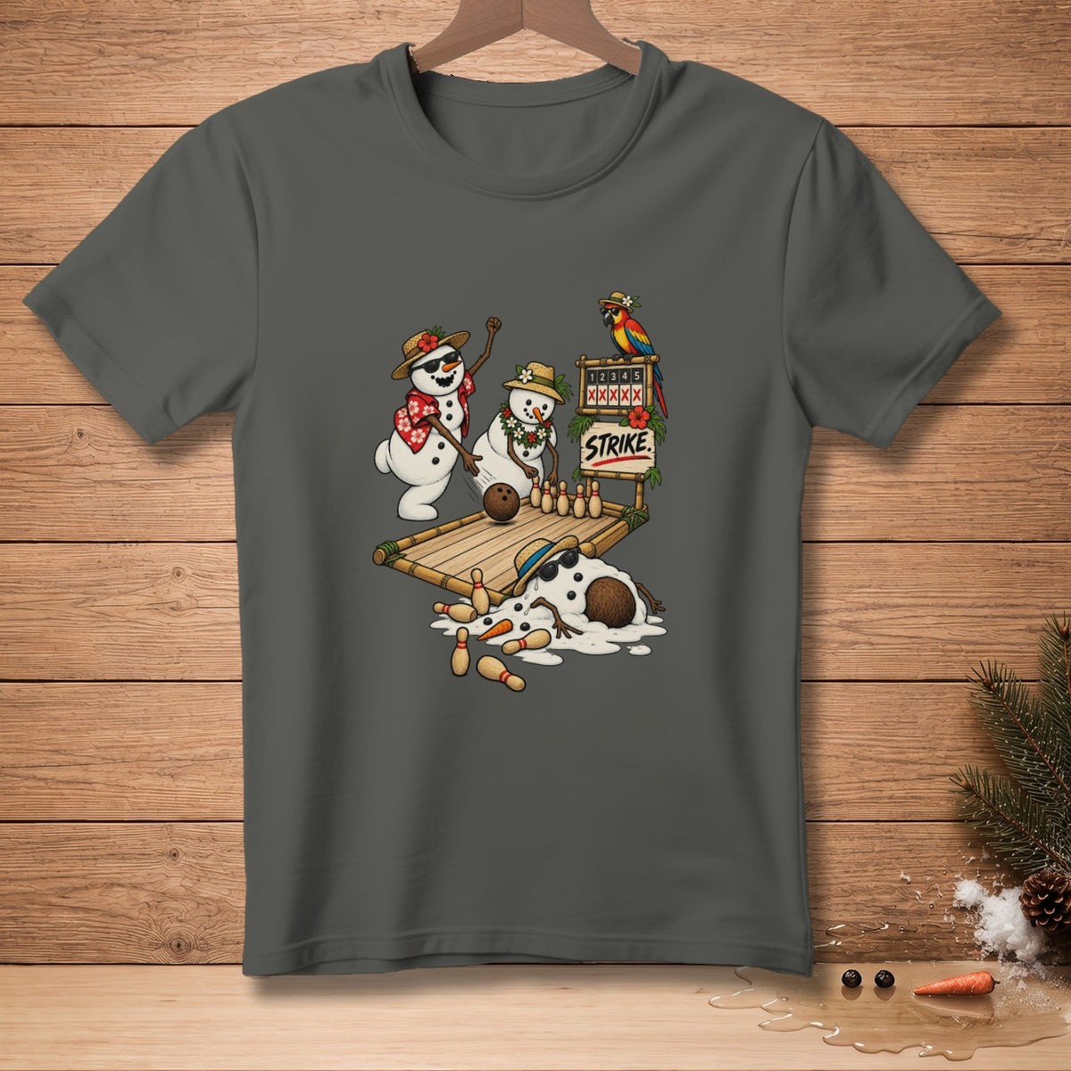 Snowmen bowling with a parrot and a "STRIKE!" sign.