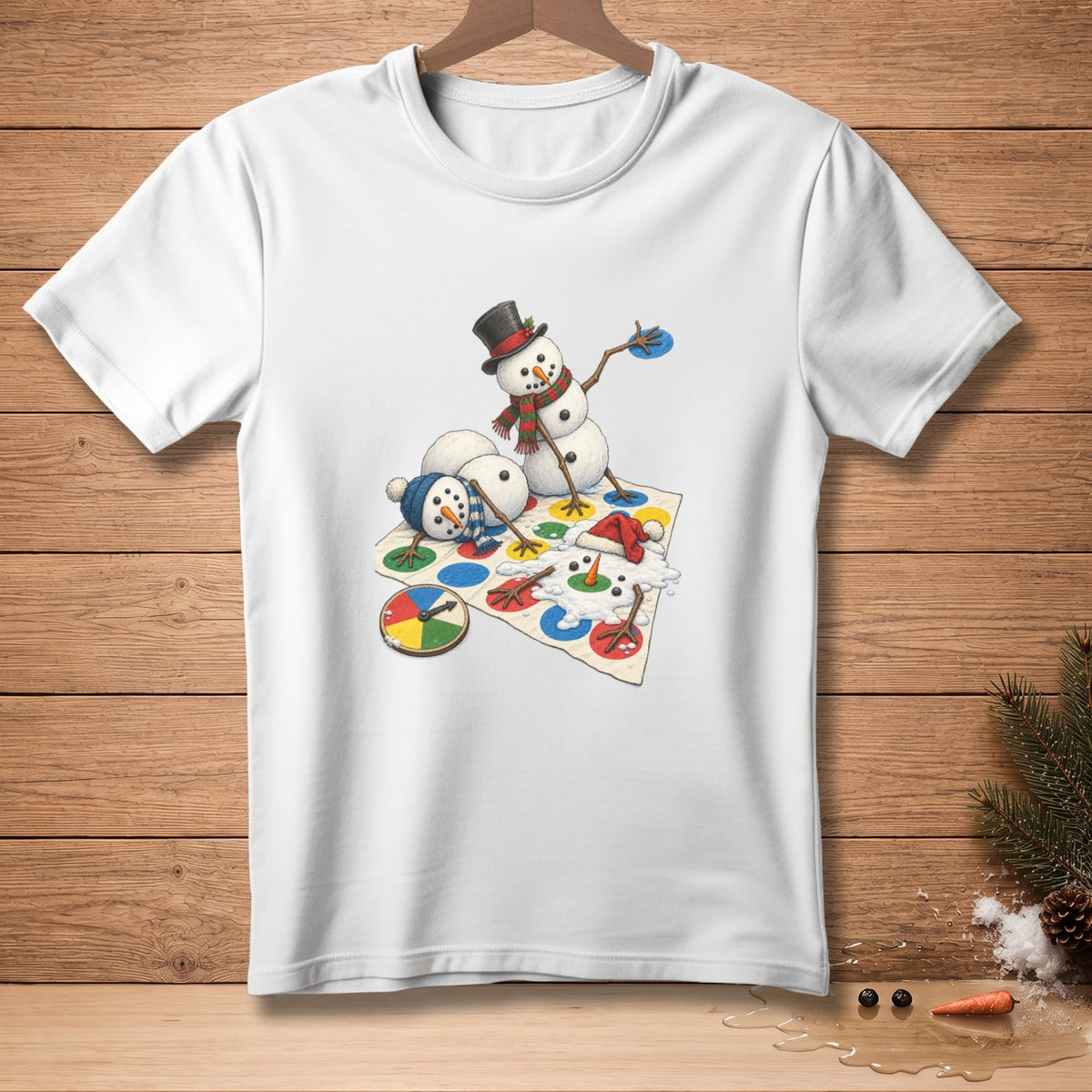 Snowmen playing Twister game on a white t-shirt with festive winter decorations.