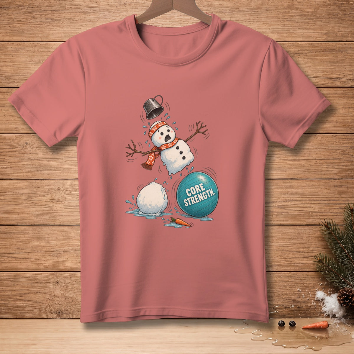 Snowman struggling with a blue exercise ball labeled "CORE STRENGTH".