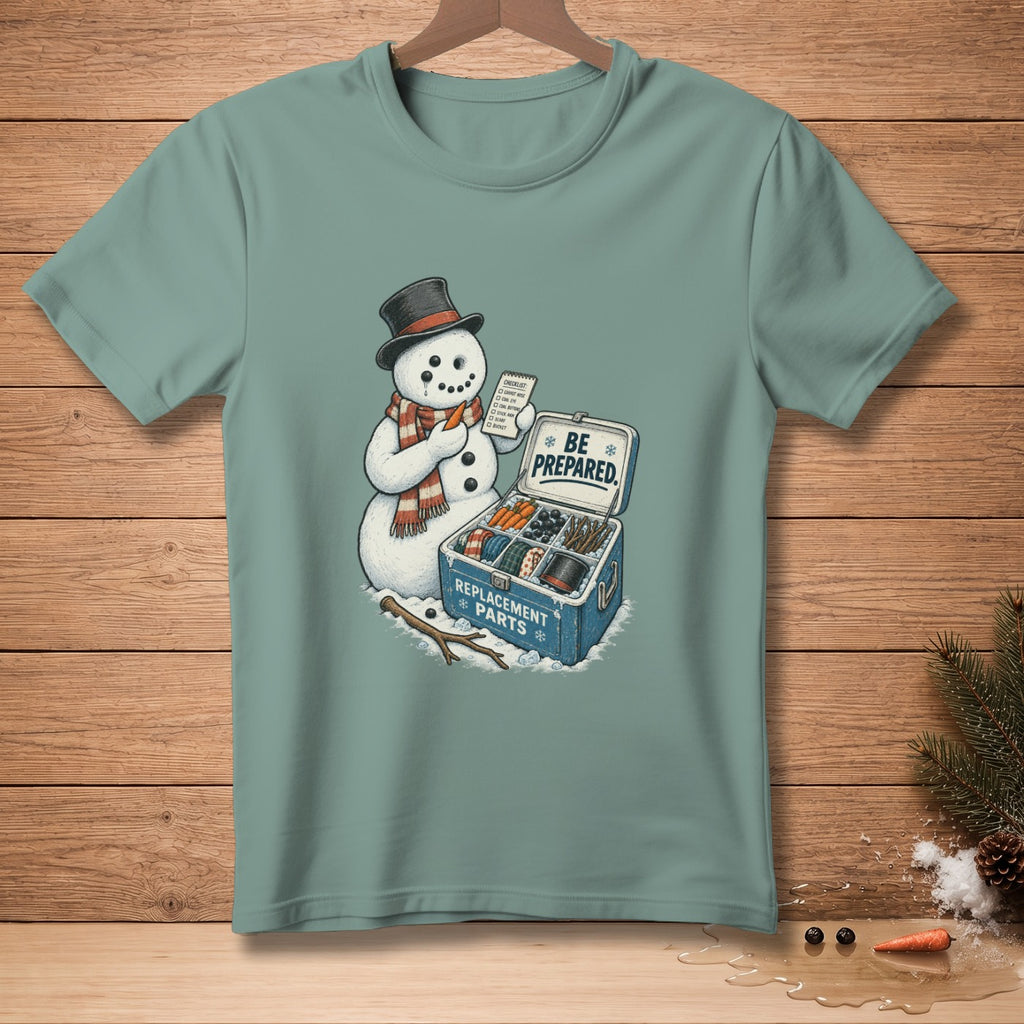 Snowman with a checklist and opened toolbox of replacement parts: "Be Prepared."