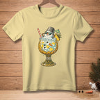 T-shirt with a tropical snowman in a pineapple cocktail glass illustration.