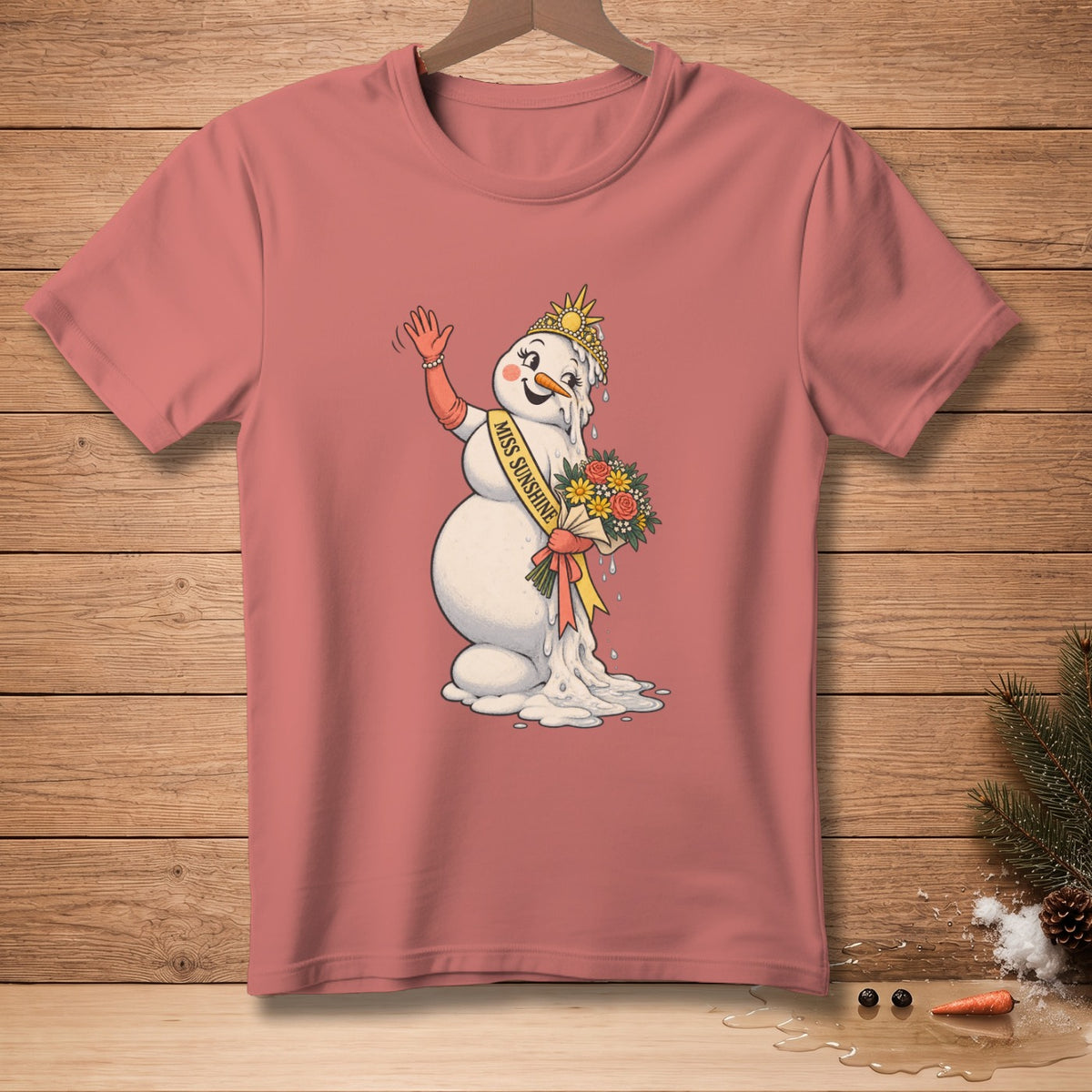 Melting snowman with crown, sash reading "Miss Sunshine," and holding a bouquet.