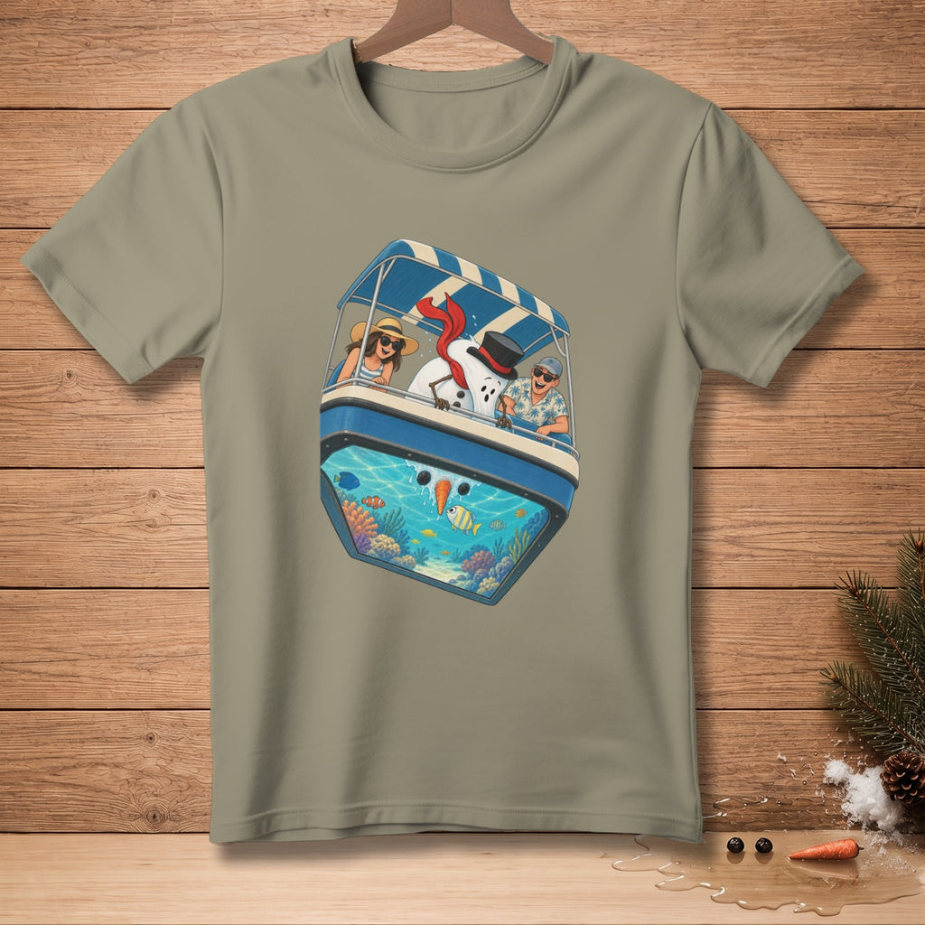 Snowman and couple in boat with underwater scene and fish.