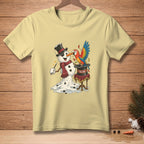 Melting snowman with a parrot emerging from a hat, text "TA-DA."