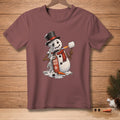Snowman melting with blowtorch, holding marshmallow on stick, "More Heat" text.