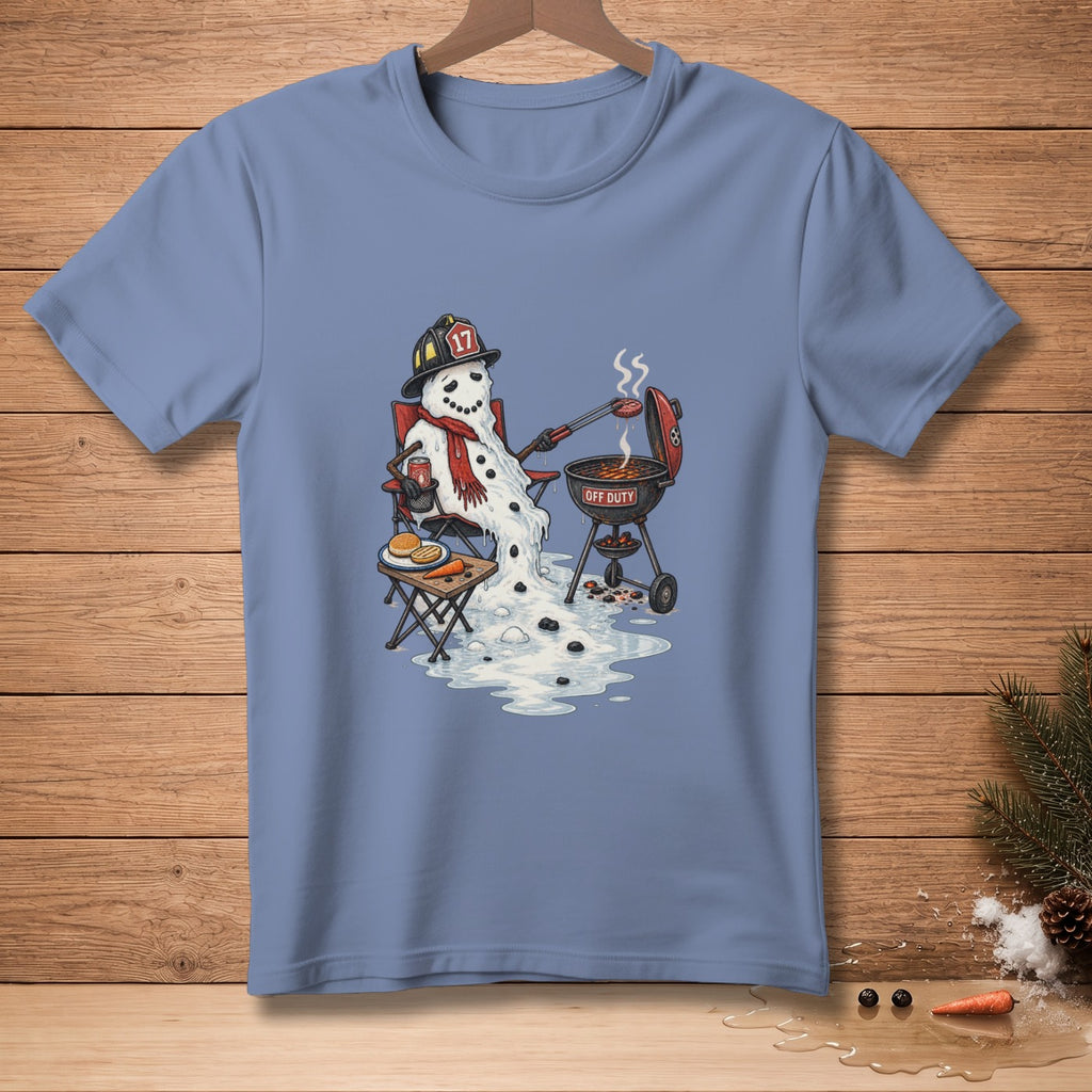 Melting snowman wearing firefighter helmet grills burgers, with "OFF DUTY" text on grill.