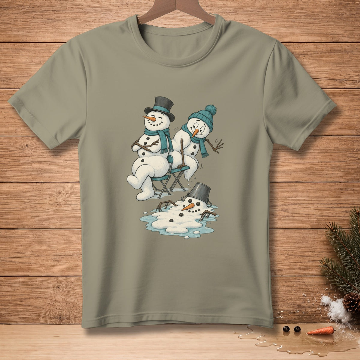 T-shirt design features melting snowmen and a snowman sitting in a chair.