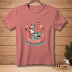 T-shirt with snowmen and flamingo floating in pool with "WE'RE GOOD" text.