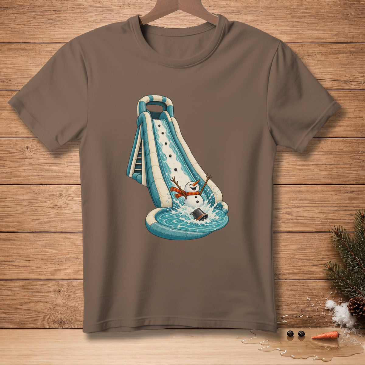 Snowman slides down a water slide, splashing into a pool with a bucket.