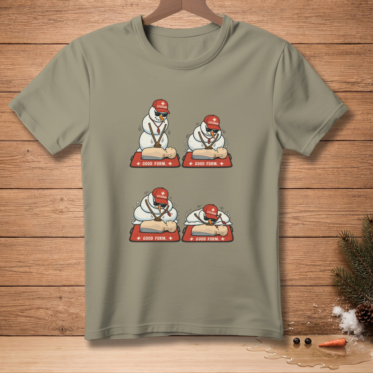 Snowmen lifeguards performing CPR on dummies, text reads "Good Form."