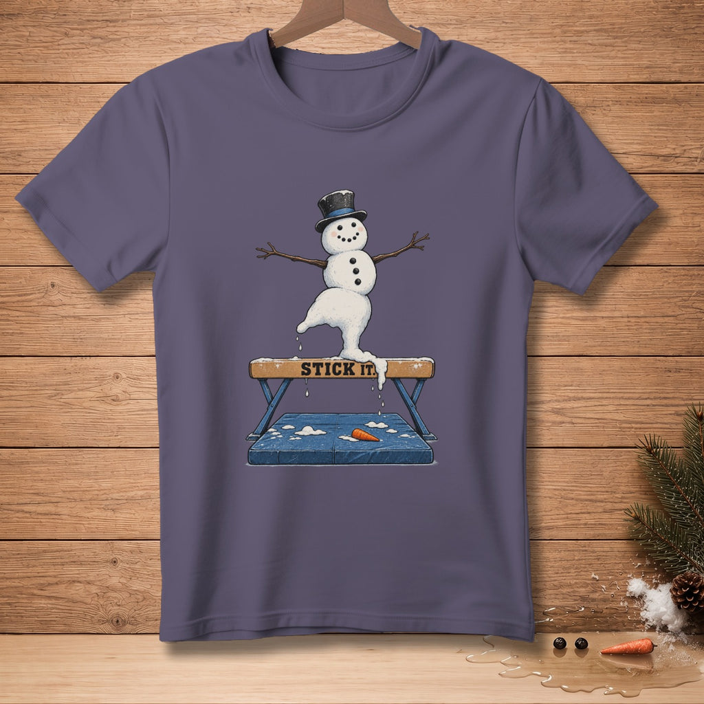 Snowman with a top hat balances on a gymnastics beam with text "STICK IT".