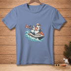 T-shirt with two snowmen riding a jet ski with text "ROOM FOR THREE."