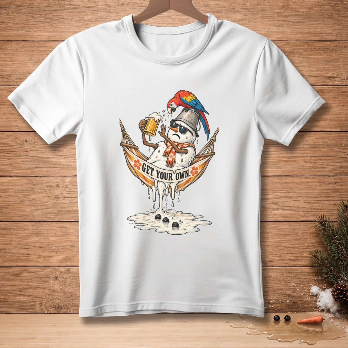 Melting snowman in hammock with beer and parrot, text "GET YOUR OWN."