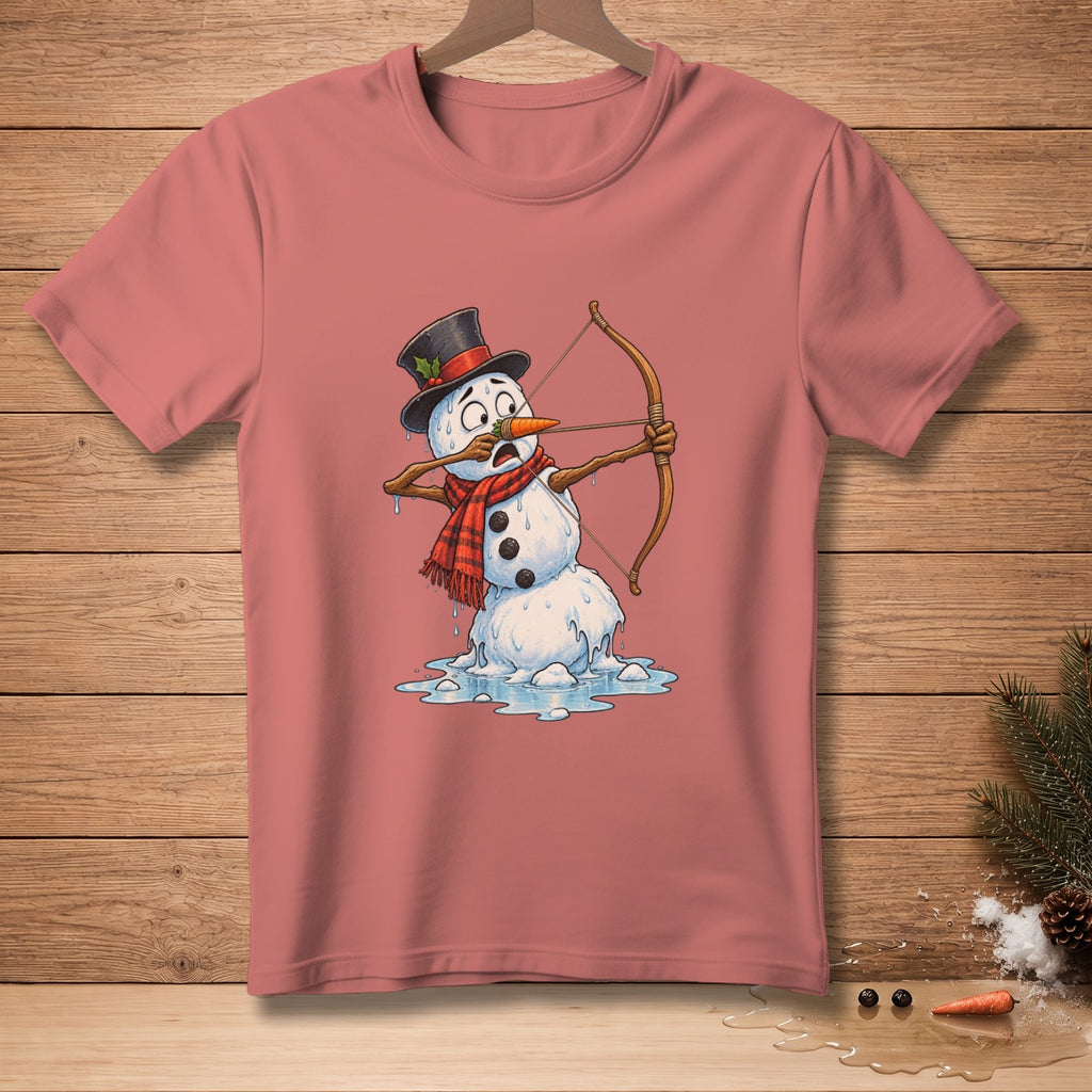 Snowman in hat and scarf aiming a bow and arrow on a pink t-shirt.