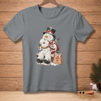 Snowman wearing a top hat eating a donut with a bird and "No Mess Bakery" bag.