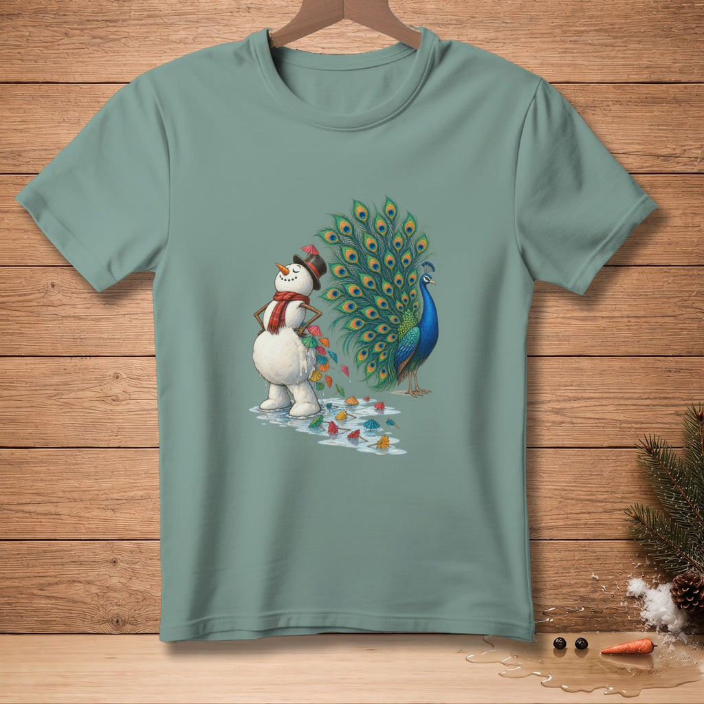 Snowman wearing hat and scarf near a peacock with fanned tail and colorful umbrellas.