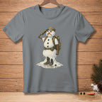 Snowman saluting with a backpack and military cap on a grey t-shirt.
