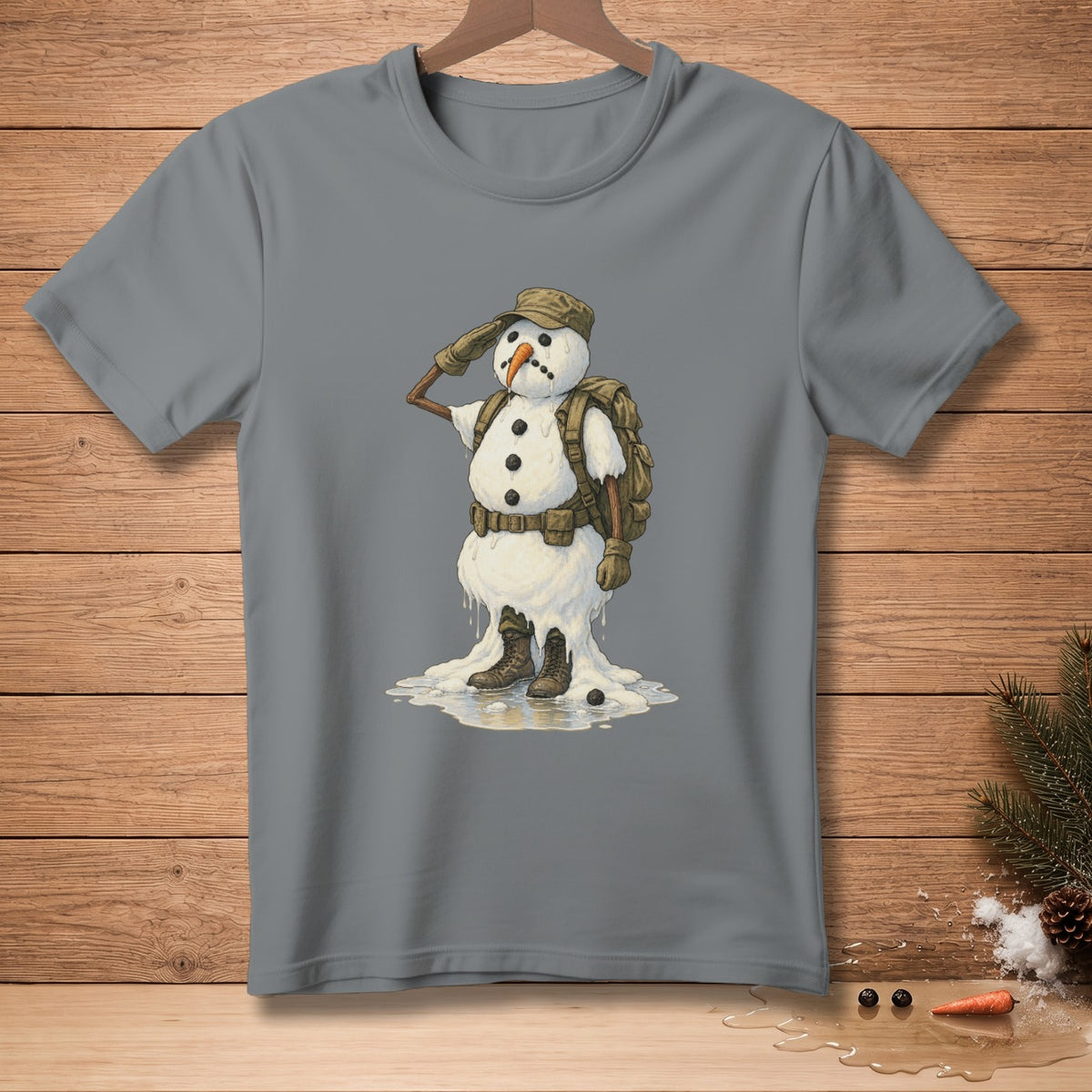 Snowman saluting with a backpack and military cap on a grey t-shirt.
