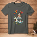 Melting snowmen play croquet under a colorful parrot and "Very Competitive" sign.