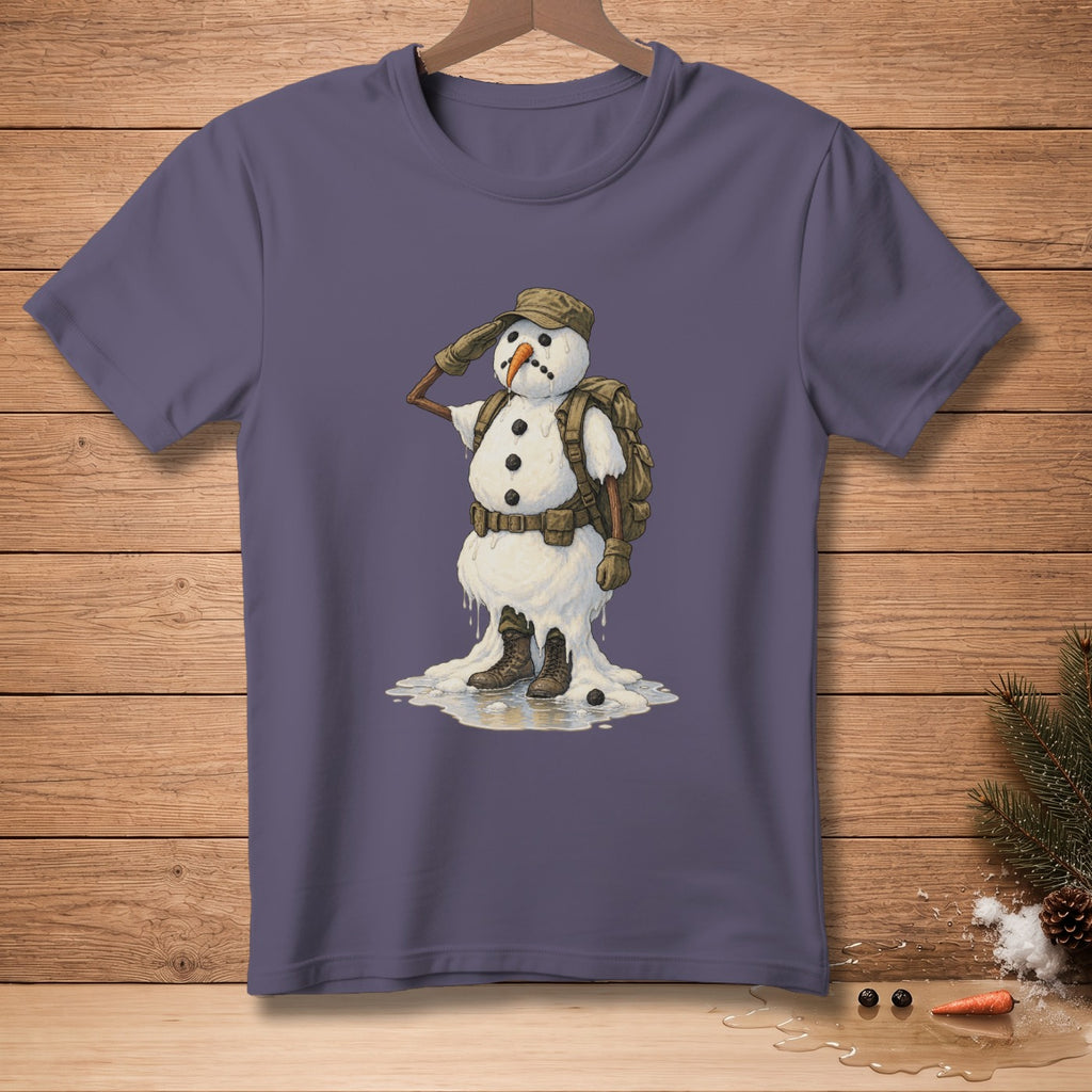 Snowman wearing a backpack, cap, and boots, saluting while melting.