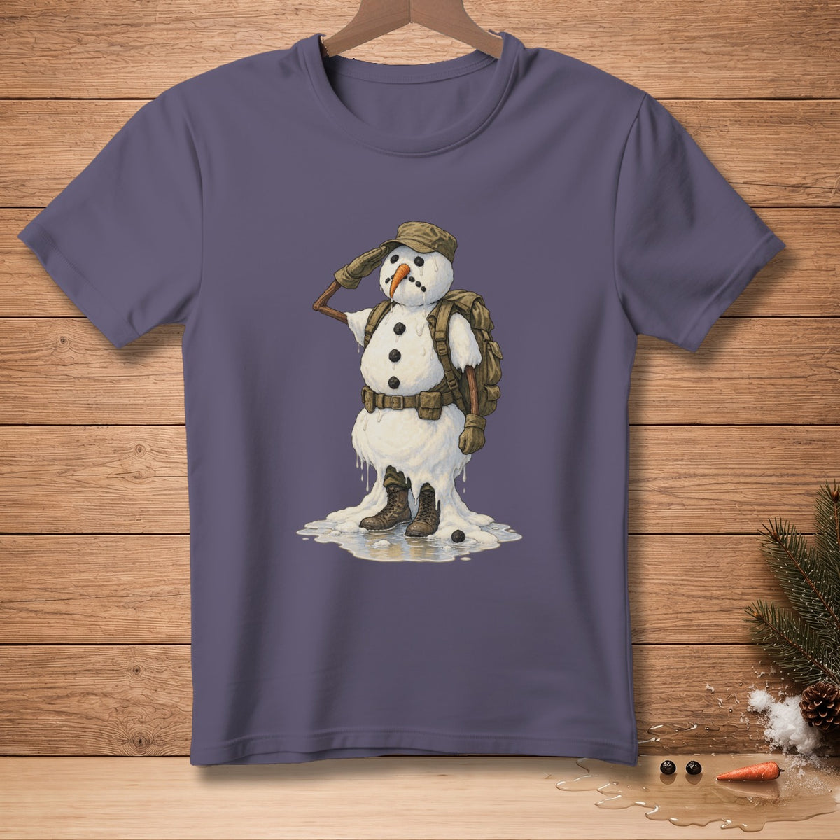 Snowman wearing a backpack, cap, and boots, saluting while melting.