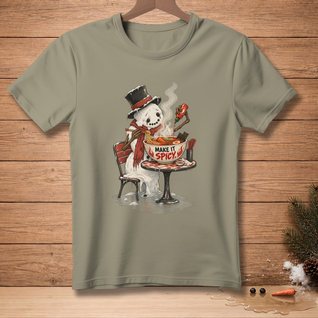 Snowman in top hat eating spicy ramen, with "MAKE IT SPICY" text.