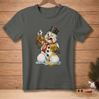 Melting snowman holding a pretzel and a cup with text "ATTACKED FROM BOTH SIDES".