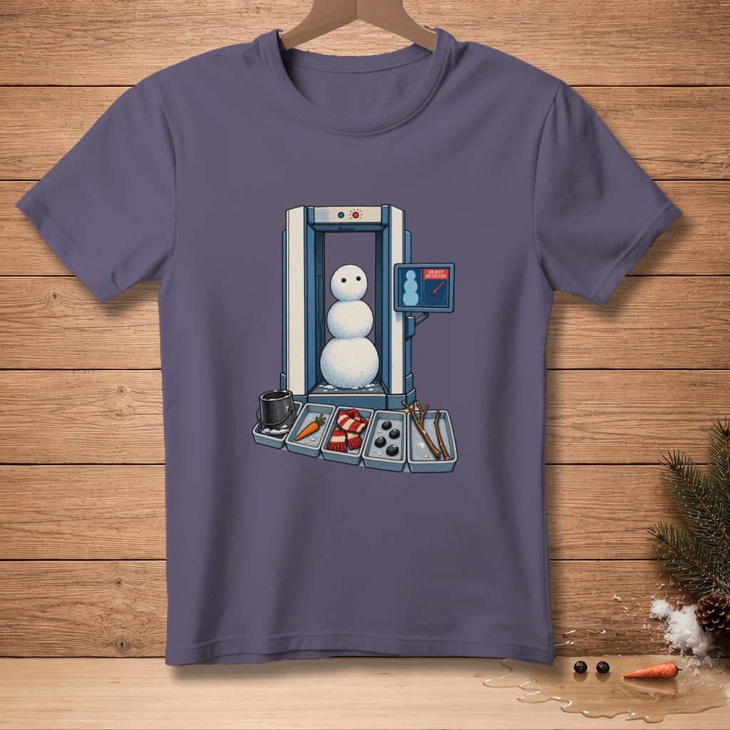 Snowman passing through security scanner with carrot, scarf, buttons, and sticks.