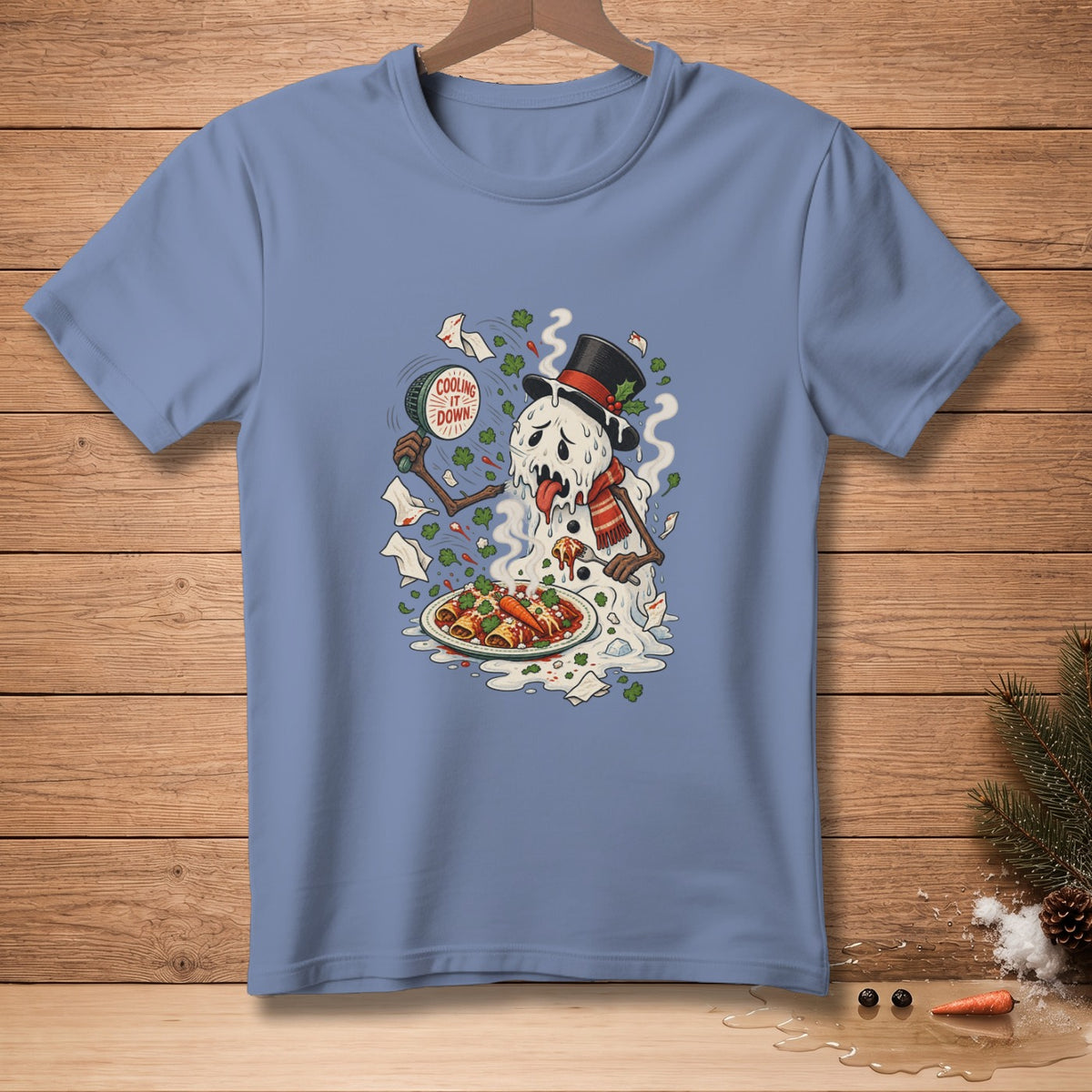 Melting snowman in a top hat eating enchiladas, holding a fan saying "Cooling It Down."