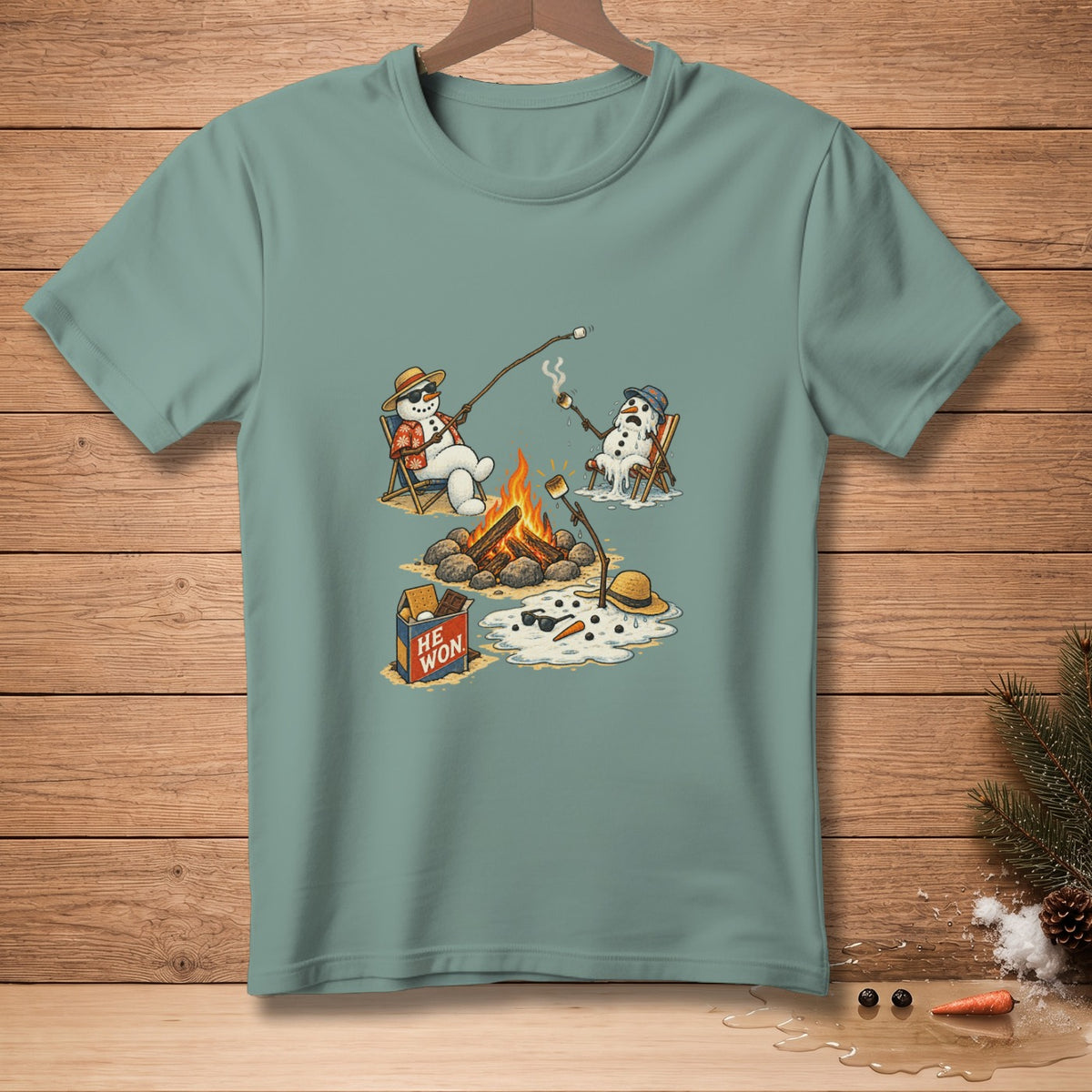 Two snowmen roasting marshmallows by a campfire, one melting.