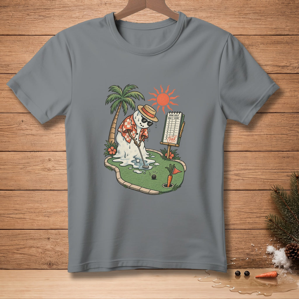 Melting snowman playing mini golf on a tropical island with a scorecard.