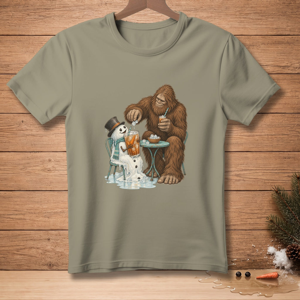 Bigfoot pours ice into a melting snowman's drink.