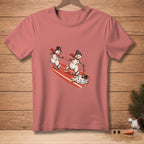 Two snowmen with scarves and hats race on a red track, one says "DON'T DROP IT".