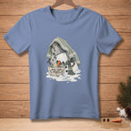 T-shirt with melting snowman in a bowl with steam and text "OPEN YOUR PORES."