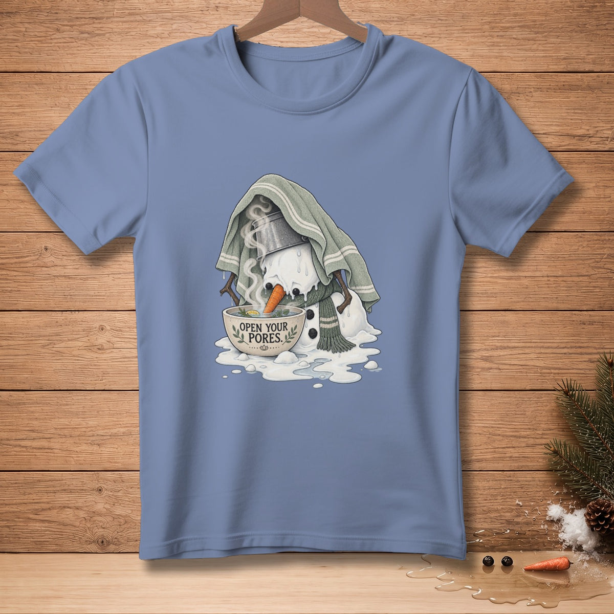 T-shirt with melting snowman in a bowl with steam and text "OPEN YOUR PORES."
