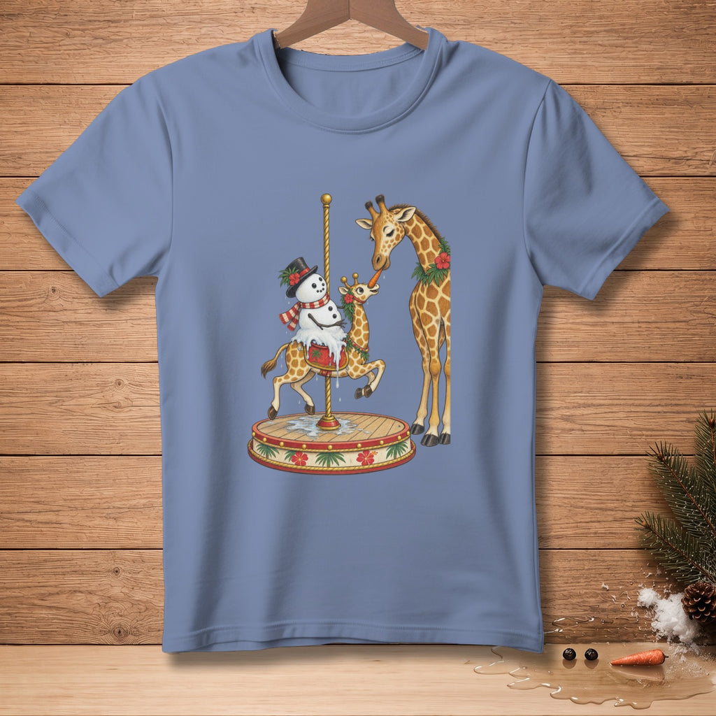 Christmas graphic of a snowman riding a carousel giraffe with a larger giraffe feeding it a carrot.