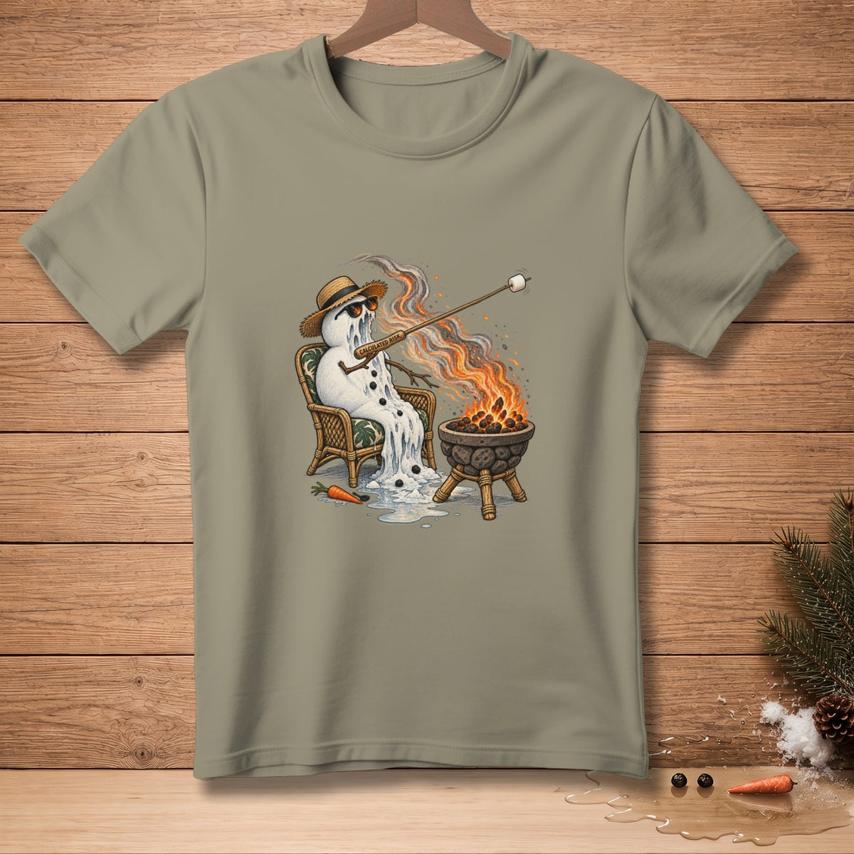 Melting snowman with sunglasses toasting marshmallow over a fire.