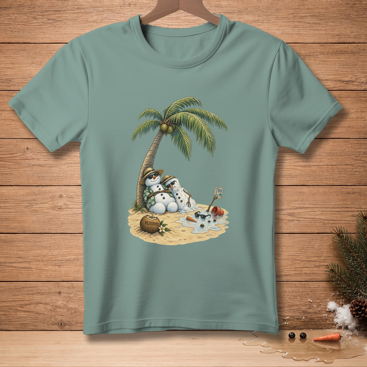 Melting snowmen relax under a palm tree on a beach with "RESERVED" sign.