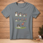 Snowmen playing golf with flamingos on a grassy field.